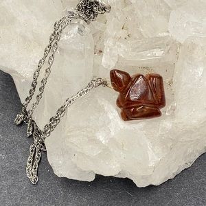 Carved Amber Frog Necklace Sterling Chain
